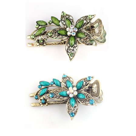 Todelt sæt (grøn + blå, ca. 10 cm lang) kronblad hårnål,Cryst