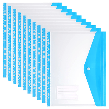 Klar Poly Kuvertlomme A4 Ringbind med Etiketlomme og Trykknap, 11 Huller Plastikmapper til Skole- og Kontorartikler, Pakke med 10