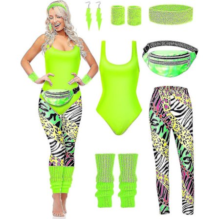 7-delt 80'er træningsdragt 80'er tilbehørssæt 80'er 90'er trikot leggings pandebånd håndledsvarmere øreringe mavebælte Bright Zebra XX-La...