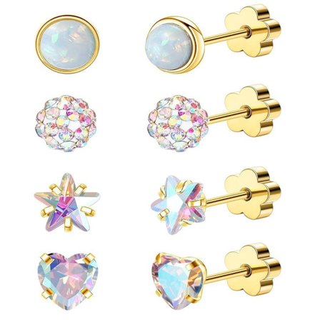 4 Par Hypoallergene Flade Bagside Øreringe til Kvinder 14K Guld Brusk Øreringe til Sensitiv Hud Stjerne Hjerte Opal Skrue Bagside Sove Øreringe Guld 