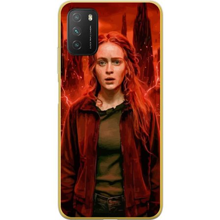 Kompatibelt Mobilskal till Xiaomi Xiaomi Poco M3 Porträtt av en ung kvinna med rött hår i en apokalyptisk landskap, röda blixtar och mörka klipp