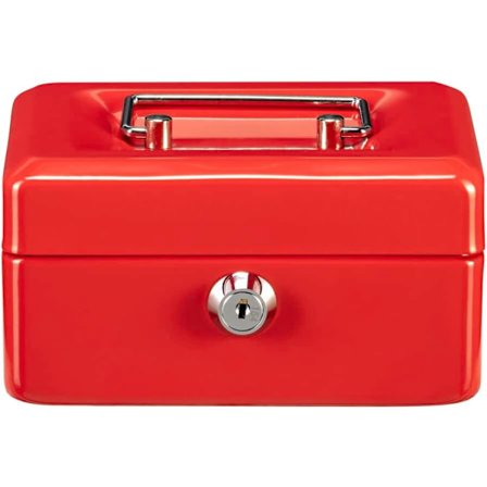 Låsbar pengekasse med nøgle og møntbakke, lille, metal, mønt 5015, rød—yux