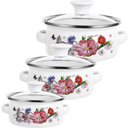 Emalje Gryde Blomst Emalje Kogegrej Gryder Dobbelte Håndtag 3 stk