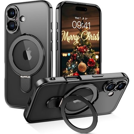 iPhone 16 -kotelo [Yhteensopiva Magsafen kanssa], Säädettävä rengasteline, Täysi kameran linssinsuoja, Pudotussuoja, Iskunkestävä kotelo, Musta