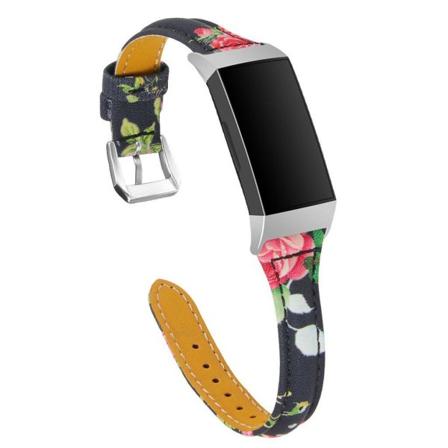 Fitbit Charge 3 blomster mønster ægte læder Urrem - Rød Rose Pink