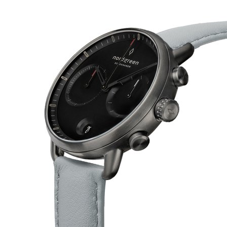 Nordgreen Men's Classic Large Wrist Watch Watch - Silver Case - Black Dial - Dove Grey Vegan Leather Watch Strap Pioneer White Dial Chronograph