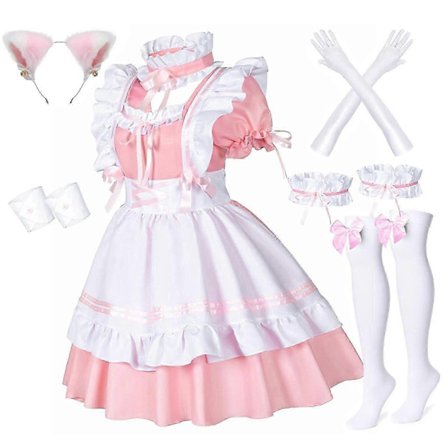 Anime Ranskalainen Piika Esiliina Lolita Naamiaisasu Cosplay Puku Karvaiset Kissan Korvat Käsineet Sukat Setti Naisille - Täydellinen Pinkki M_MGF