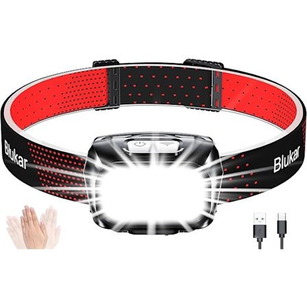 Blukar Genopladelig Pandelampe, Super Lys LED-forlygte med Sensorstyring og Røde Lys, Lang Batterilevetid til Camping, Løb, Cykling