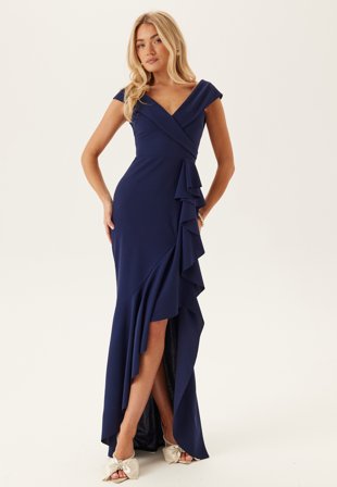 Goddiva - Bardot Frill Maxi Dress - Navy - Kläder - - Bubbleroom