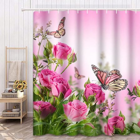 Fjärilsblommig duschdraperi 72 x 72 tum, rosa rosblu duschdraperi vår romantisk bukett duschdraperi badrumsdekor