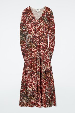 COS Women's Printed Semi-Sheer Knitted Maxi Dress in Red