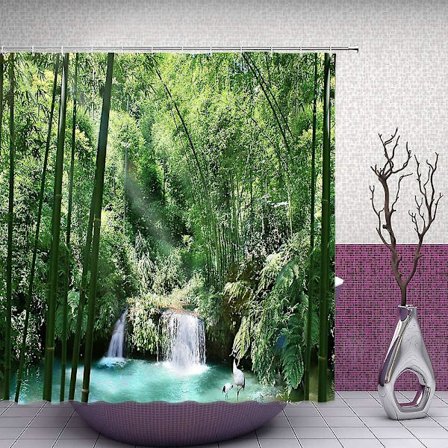 Bambu Duschdraperi Natur Dekor Grön Skog Badrum Gardiner Tillbehör Polyestertyg Badrum Duschdraperi Set med Krokar