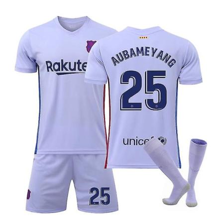 Barcelona borta nr 10 Messi nr 25 Aubameyang 21 De Jong 9 Depay fotbollsdräkt Fati tröja barntröja 21 22 Messi 10 21 22 Aubameyang 25 Kids 24(130-