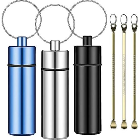 3 st aluminium pillerburk nyckelring med liten sked vattentät pillerbehållare bärbar pillerhållare nyckelring aluminium, TH