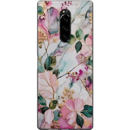 Kompatibel Mobilcover til Sony Xperia 1 Abstrakt marmormønster med blomster, blade og gyldne detaljer i bløde pastelfarver