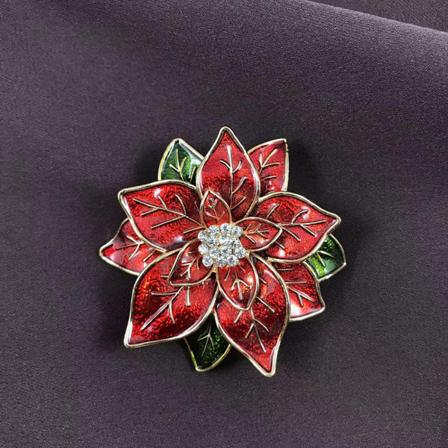 Röd Julstjärna Brosch, Röd Blomma Gröna Blad Julstjärna Blomma CZ Rhinestone Kristall Julbroschnålar och broscher för kvinnor Flickor Si