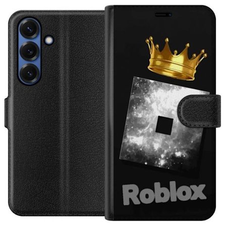 Kompatibelt Lommeboketui til Samsung Samsung Galaxy S25+ Minimalistisk svart og sølvfarget Roblox-symbol med gylden krone og luksuriøs gamer-estetik