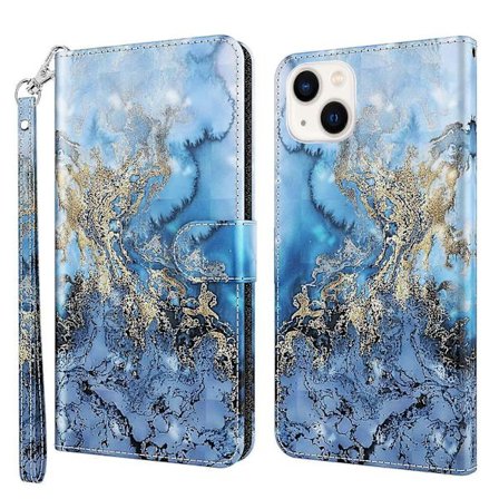 För Kompatibel med iPhone 14 Plus 3D Malt Mønster Flip Lær Telefondeksel (Gull Sommerfugler)