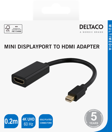 Deltaco HDMI - miniDisplayPort adapter, 4K UHD 60Hz, 0.2m, black