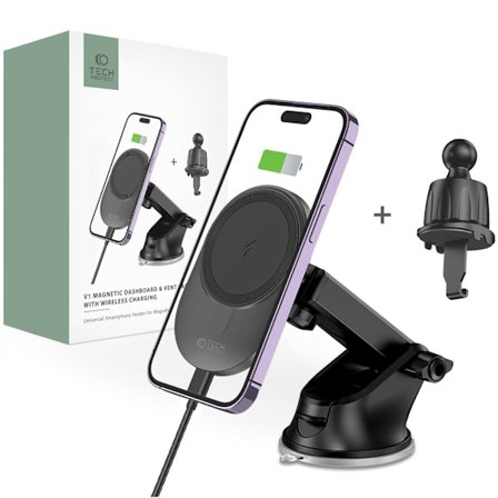 TECH-PROTECT MM15W-V1 MAGNETISK MAGSAFE Dashboard & VENT BILMONTERING TRÅDLØS LADER 15W SORT