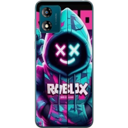 Motorola Moto E13 Genomskinligt Skal Roblox Neon huvtröj figur med en maskerad karaktär i blått och rosa neonfärger som ger en tydlig cyberpunkkä