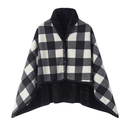 Dame Multiway Ternet Poncho Sjal Wrap Fleece Bærbar Tæppe Ultra Blød Sherpa Flanell Cape (Sort Hvid)