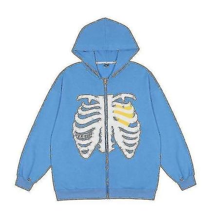 Skeleton Pattern Drop Shoulder Zip Up Hoodie för Shein S-2xl V Blue