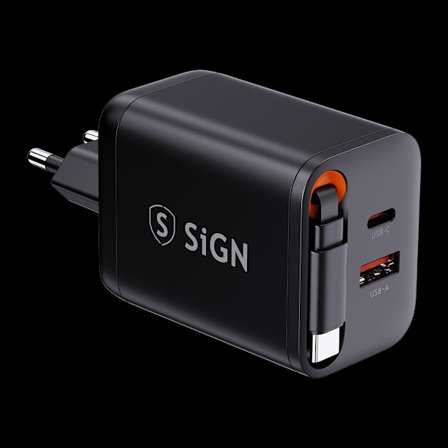 SiGN GaN Snabbladdare USB-C/USB-A 40W med förlängningsbar USB-C-kabel - Svart