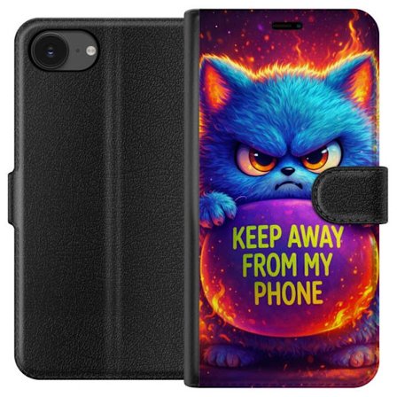 Kompatibel Tegnebogsetui til Apple Apple iPhone 16e Vred luvat blå kat med teksten "Hold dig væk fra min telefon" i neonfarver og ildlignende effekt