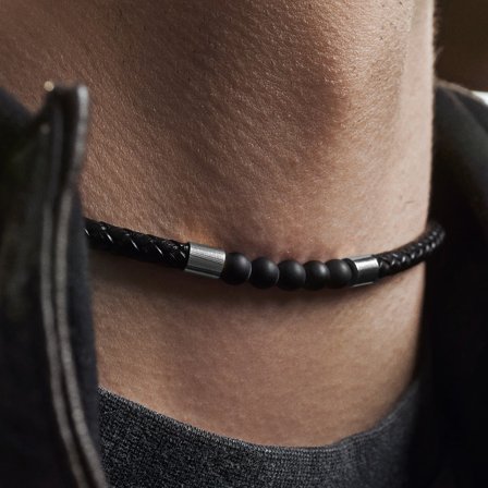 Tenvis | 5 mm Silberfarbene Onyx Lederhalskette für Männer - Lederketten