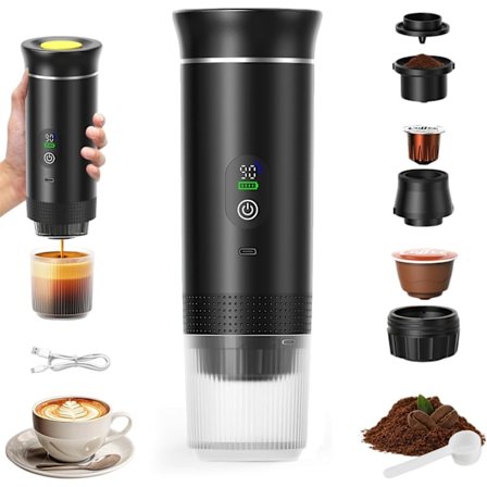 3-i-1 Bærbar Kaffemaskin, Oppladbar Bærbar Reisekaffemaskin, 12 V Espressomaskin for Kapsel, Malt Kaffe, for Camping, Reise