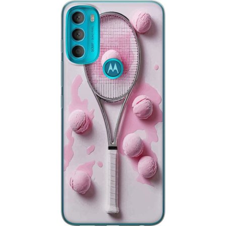 Kompatibel Mobilcover til Motorola Motorola Moto G71 5G Rosa glaskugler og tennisketsjer i et kreativt stillbillede med legende popfølelse og moderne