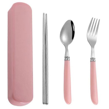 3 stk. bærbart rustfrit stål bestiksæt med gennemsigtig opbevaringsboks inklusive gaffel, ske, spisepinde (rosa)