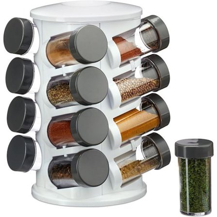 Krydderstativ, roterbart, 16 krydderglass, aromabeskyttende oppbevaring hvit, 26,5 x 17 x 17 cm