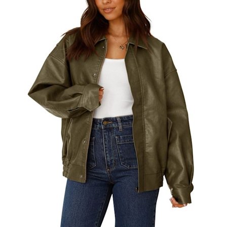 Fuskekoat i skinn for kvinner, oversized bikerjakke med glidelås, trendy yttertøy for motorsykkelturer om høsten og våren