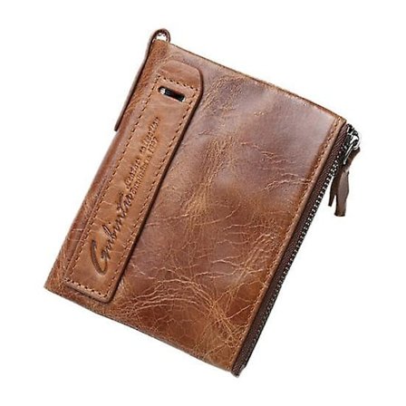 Mænds Koelæder Lagdelt Bifold Tegnebog Kredit ID Kort Holder Mønt Lynlås Taske