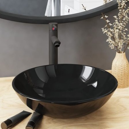 vidaXL Handfat med kran och bottenventil svart härdat glas