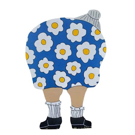 Trädgårdsprydnad utomhus Gammal dam böjer sig ner Gårdsskylt Utomhus gräsmatta Konst