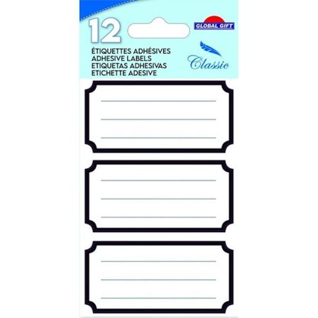 12 selvklæbende skoleetiketter - Sort vintage rektangel