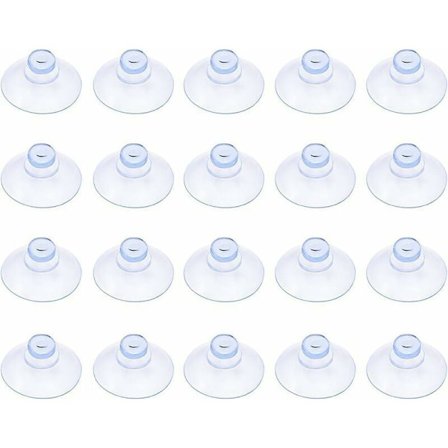 Pakkaus, jossa 20 pientä läpinäkyvää muovista imukuppia, ilman koukkua, 20 mm