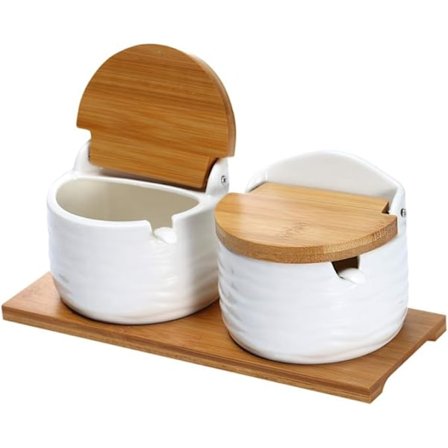 Keramisk Sukkerskål med Lokk og Skjeer - Porselen Krydderbeholder Krydderkrukke, Saltkar for Kjøkken, med Tavle, 260 ml (8,8 fl oz)