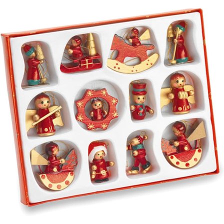 Sæt med 24 forskellige håndmalede juletræspynt i træ