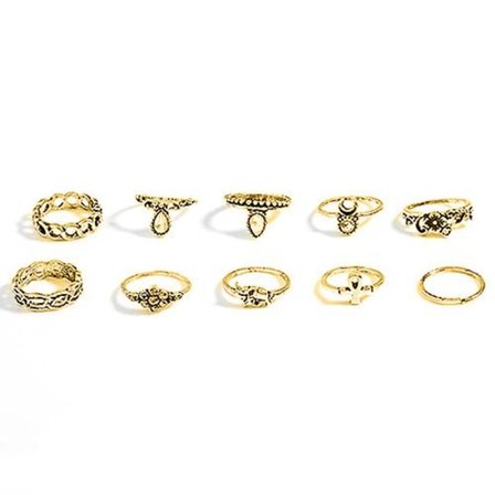 10 st/set Retro Boho Elefant Blomma Måne Ovan Knog Ringar Smycken