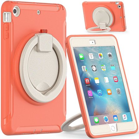 Nytt fodral för iPad Mini 1/2/3 med roterande stativ, stöttåligt, kameraskydd (korallorange)