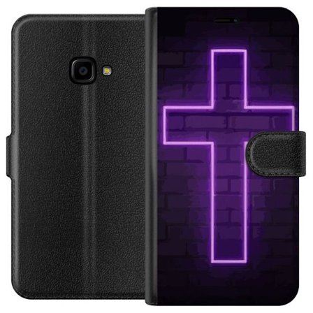 Yhteensopiva Lompakkokotelo Samsung Samsung Galaxy Xcover 4 Neonristi purppuranvalossa tummaa tiiliseinää vasten, symbolinen motiivi vahvalla hohto