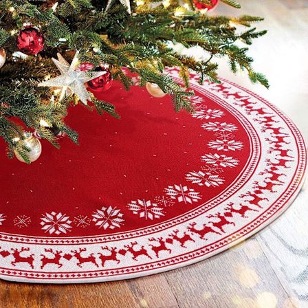 Rød Strikket Juletre Skjørt, 48 tommer Elg Snøflak Mønster Kabel Kn DXGHC