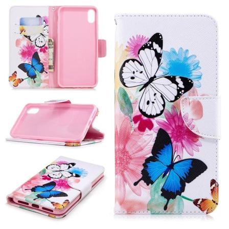 iPhone Xs Max flip cover i læder med mønsterprint - Farverige Sommerfugle Multicolor