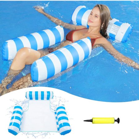 Flytande hängmatta pool uppblåsbar hängmatta multifunktionell 4 i 1 flytande hängmatta boj och luftmadrass bärbar pool (blå rand)