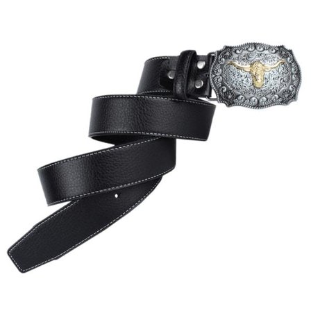 Western Cowboy Læderbælte til Mænd Midjebælte Arabesque Kohoved Spænde Sort