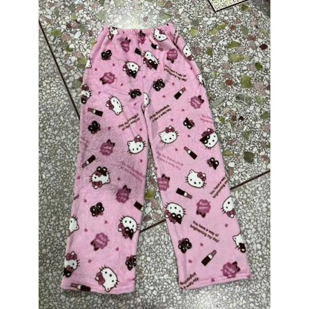 Tegneserie Julepyjamasbukser til Kvinder, Afslappede Velourbukser til Hjemmebrug med Katte Motiv Pink Læbestift KT Kat M